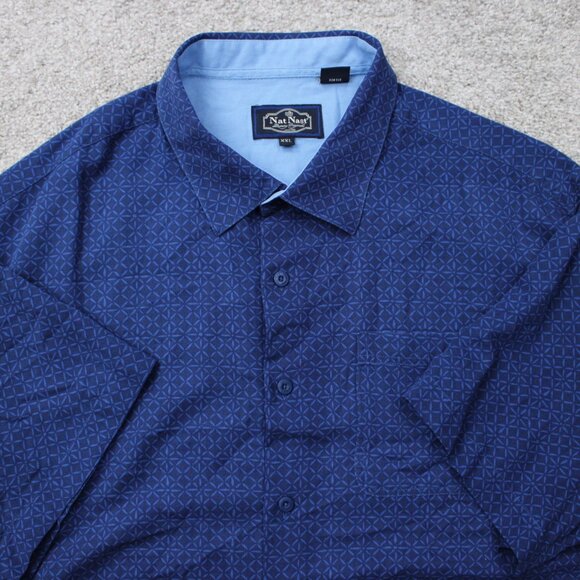 Nat Nast Shirt Mens 2XL XXL Blue Geometric Silk/Cotton Short Sleeve Button Up - Picture 1 of 12
